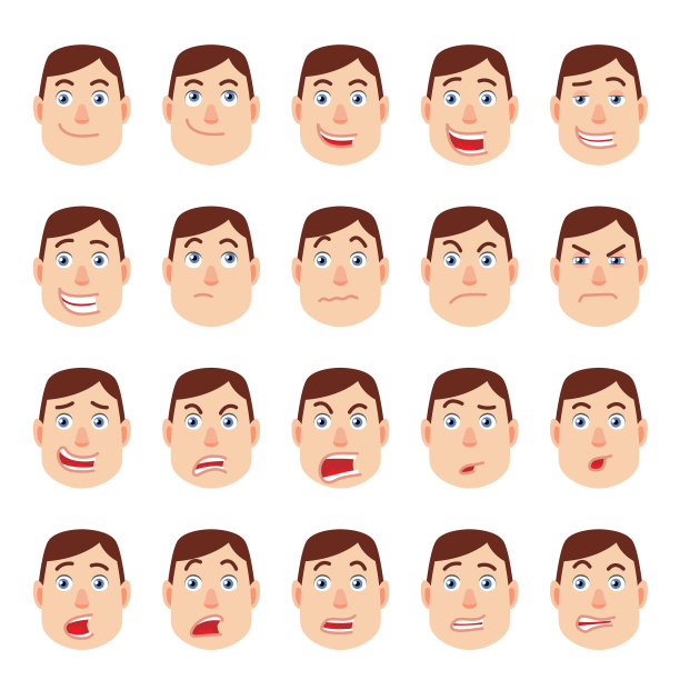 卡通的人。不同的面部表情。情感设置的索具和动画。矢量插图在一个平坦的风格。图片下载