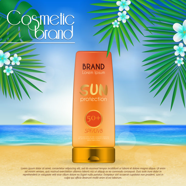夏日防晒化妆品设计模板在海滩的背景与异国情调的棕榈叶。3D逼真的防晒和防晒产品广告。图片下载