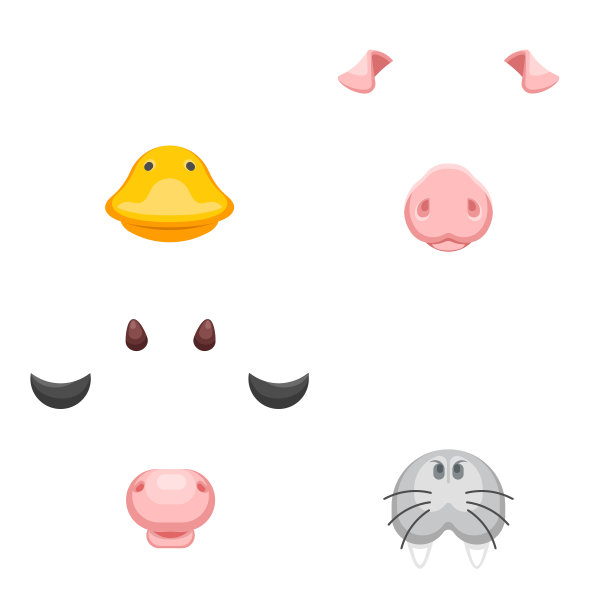 卡通自拍应用照片项目动物面具脸装饰鸭牛猪海象耳朵鼻子细节矢量插图图片下载