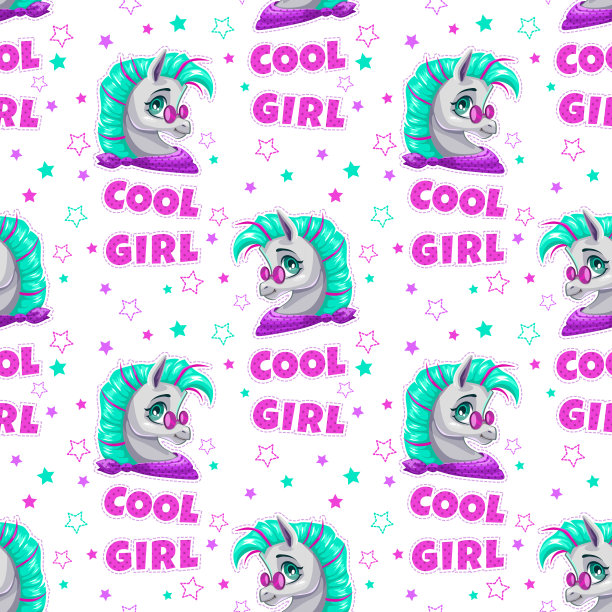 时尚无缝图案与可爱的卡通小马脸图片下载