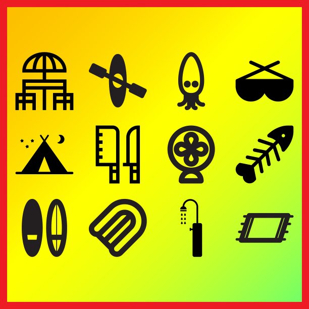 两个冲浪板，鱼骨和小风扇相关的图标设置图片下载