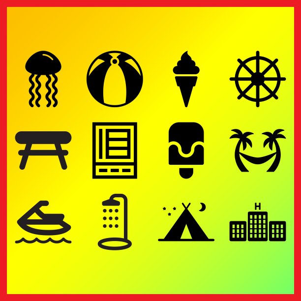 冰箱，冰淇淋蛋筒和大海滩球相关的图标集图片下载