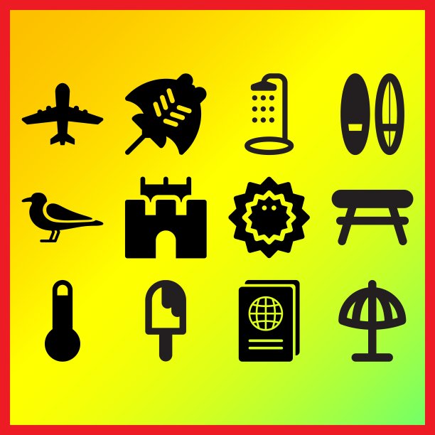 旅行护照，海胆和两个冲浪板相关的图标集图片下载