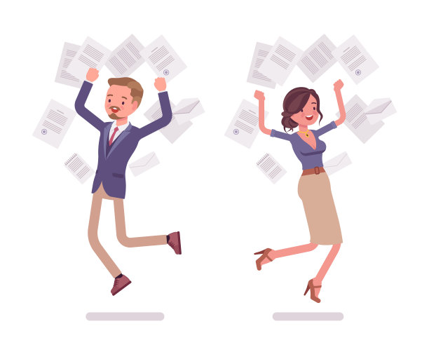 男秘书和女秘书愉快地扔文件图片下载