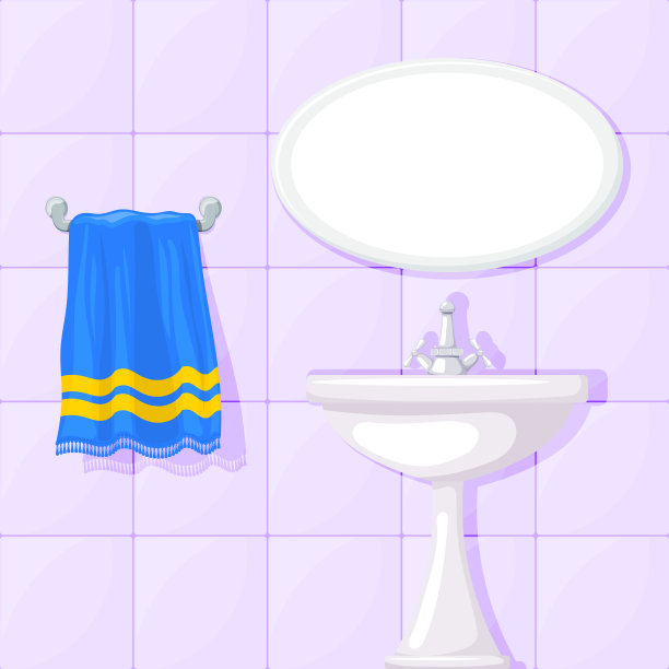 浴室陶瓷洗脸盆，瓷砖墙壁，镜子和蓝色毛巾的矢量插图。“nCartoon风格。浴室家具图片下载