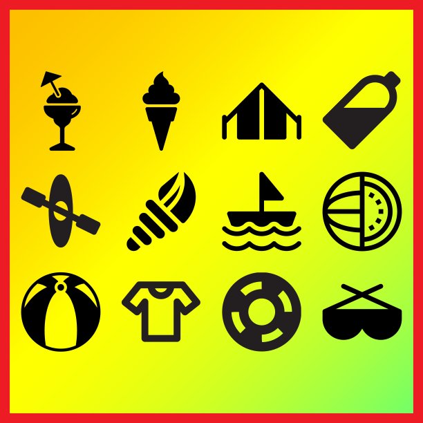 帐篷，大沙滩球和太阳镜相关的图标集图片下载