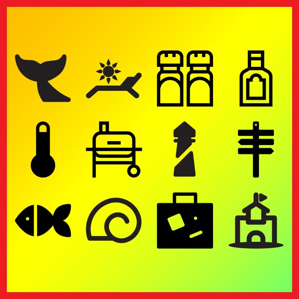 鲸鱼尾巴，链和太阳和温度计相关的图标设置图片下载