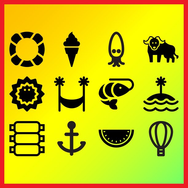 岛，卡通鱿鱼和夏季气球相关的图标设置图片下载