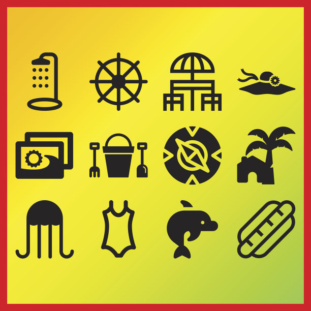 太阳帽与花和花边，海豚和指南针相关的图标集图片下载