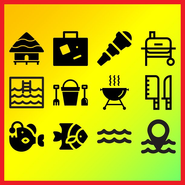 沙斗、铲斗、耙子、望远镜和游泳池广场与梯子相关的图标设置图片下载