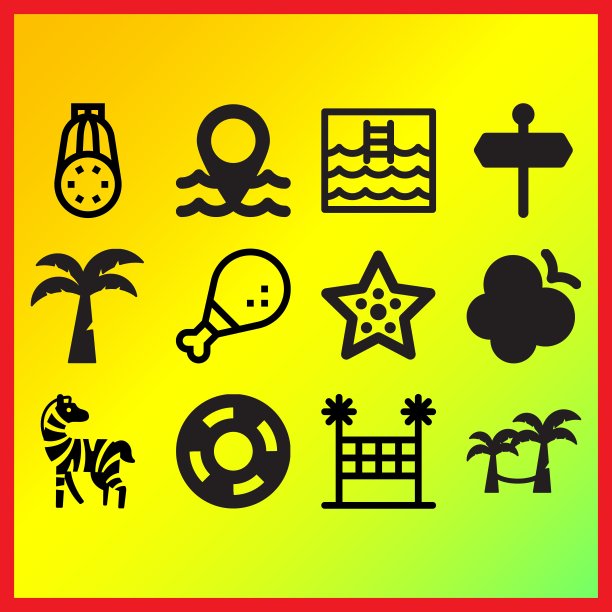 游泳池广场与梯子，方向箭头和排球网相关的图标设置图片下载