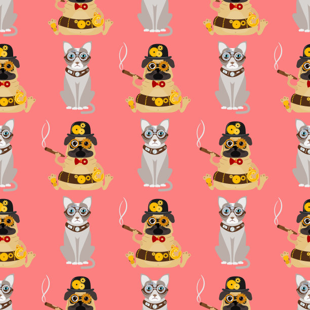 程式化的金属蒸汽朋克机械机器人动物机器蒸汽齿轮朋克艺术机械无缝模式背景矢量插图图片下载