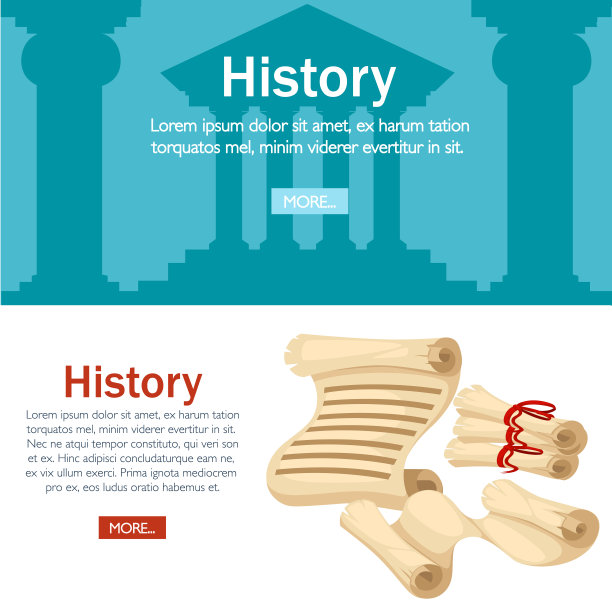 古老的卷轴插图。带红丝带的莎草纸卷轴。滚动和打开旧卷轴。卡通风格的设计。矢量插图。希腊神庙的背景。网站页面和移动应用程序设计图片下载