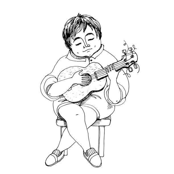 弹吉他或尤克里里的小胖男孩矢量插画图片下载