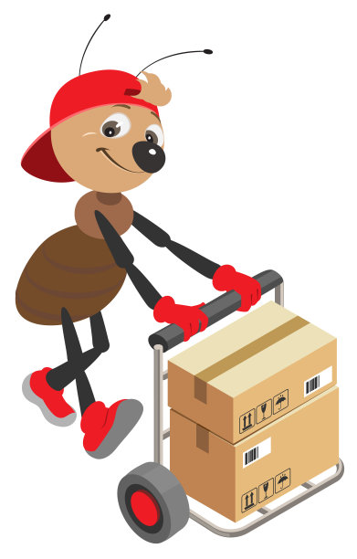 蚂蚁装载机推着装有纸箱的手推车图片下载