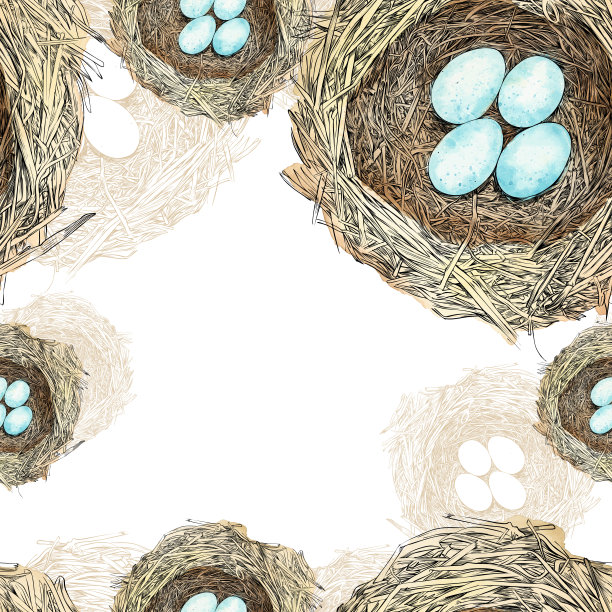 鸟窝与蛋钢笔和墨水矢量无缝模式图片下载