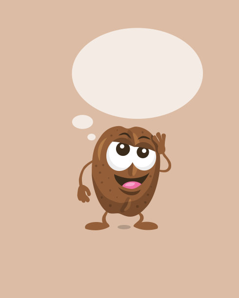 可爱快乐的咖啡豆吉祥物的梦想与思想泡泡和大大的微笑图片下载