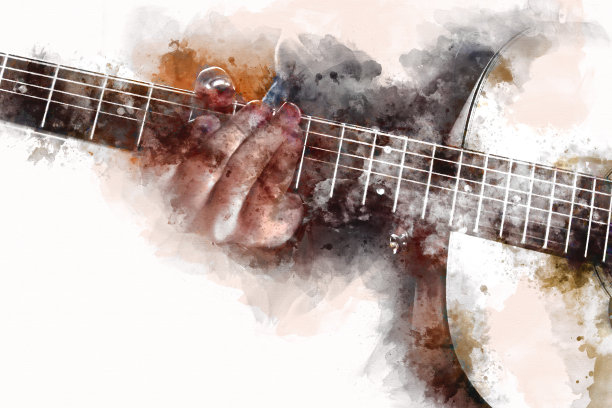 抽象的美丽男子弹吉他前景上的水彩画背景和数字插图画笔艺术。图片下载