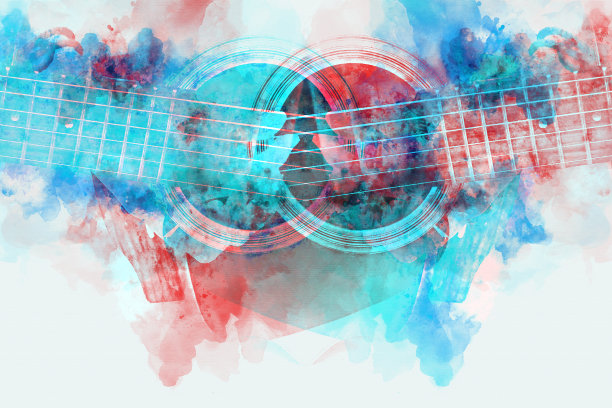 抽象美女弹吉他手以水彩画为背景和数字插画笔刷艺术。图片下载