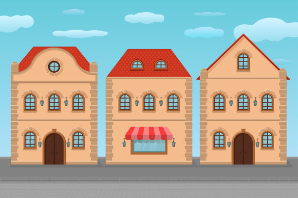 房屋。古老的欧洲城市街道，彩色的住宅和蓝天。平的风格图片下载