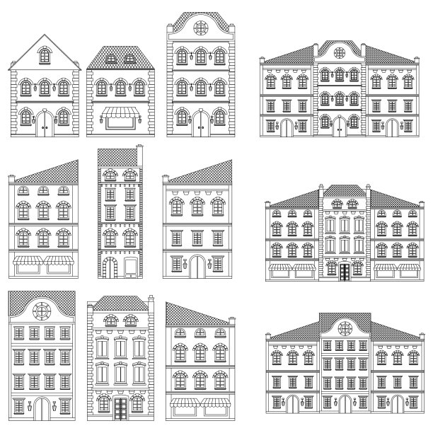 房屋。古老的欧洲建筑的集合。轮廓图图片下载