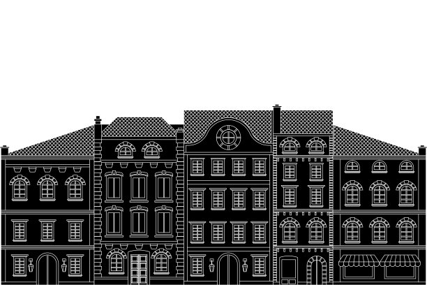 一排古老的欧洲房屋。平黑图图片下载