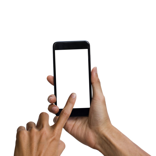 男子手持黑色智能手机与白色屏幕模拟设计。孤立在白色背景上。插入剪切路径便于使用。图片下载