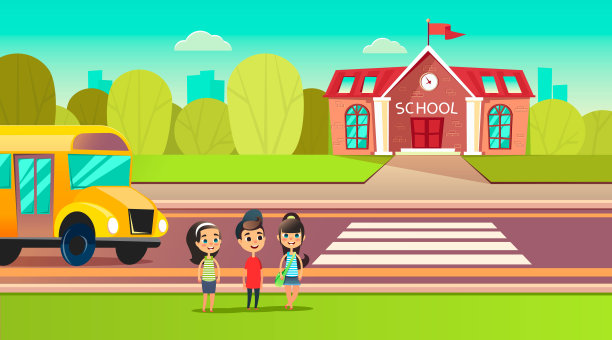 学生们在校车附近。学校在马路对面。在学校前面换车。学生们将学习。返校理念图片下载