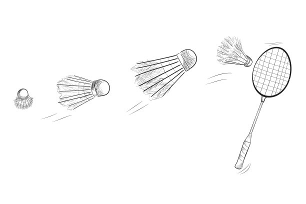 羽毛球拍和快速移动的羽毛球的简约黑色素描图片下载