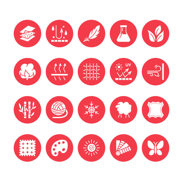 面料特征，服装材质矢量图形图标。服装属性符号。纯棉，防水，防风，防紫外线。穿着标签，纺织行业的象形文字。像素完美64 x64图片下载