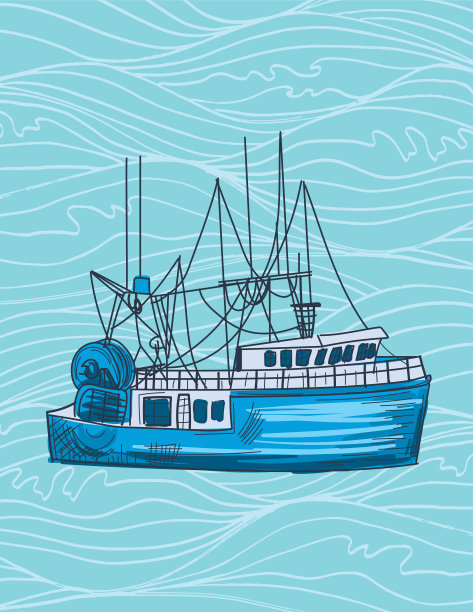 在波浪背景上手绘航海元素图片下载