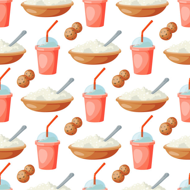 牛奶乳制品矢量平面风格早餐美食有机膳食新鲜饮食食品牛奶饮料成分营养无缝图案背景插图图片下载