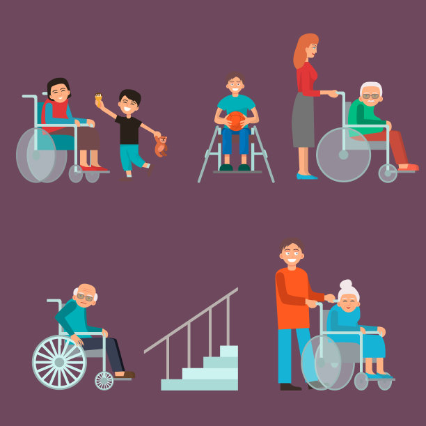 残疾人残疾人不同的人矢量轮椅残疾人帮助残疾人字符残疾医疗援助插图图片下载