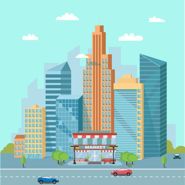 有市场和摩天大楼的城市景观图片下载