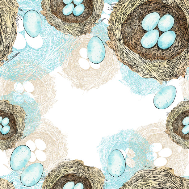 鸟窝与蛋钢笔和墨水矢量无缝模式图片下载
