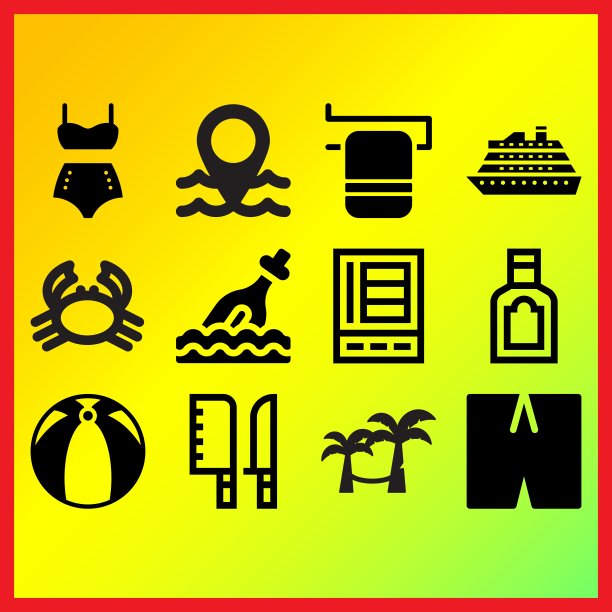 邮轮，复古比基尼和大沙滩球相关的图标集图片下载