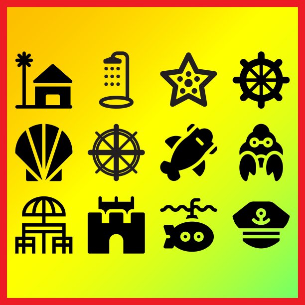 海滩别墅，潜艇和船长相关的图标集图片下载