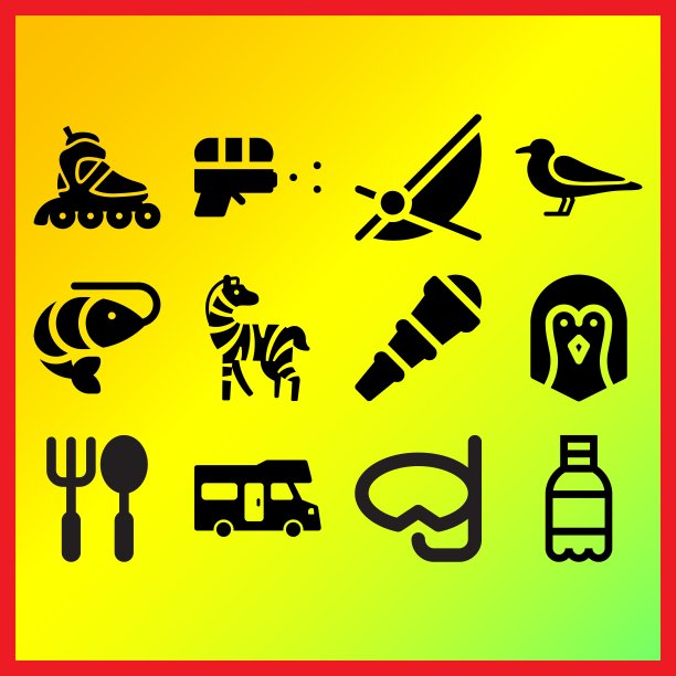 移动家居运输，水肺潜水护目镜和海滩椅相关的图标设置图片下载