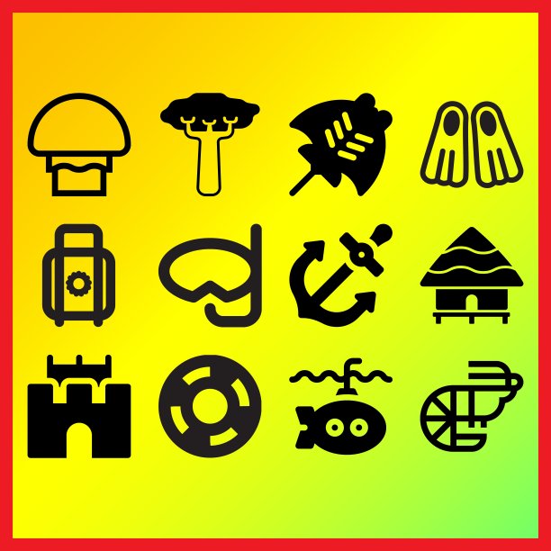 蝠鲼，水肺潜水镜和挂锁与太阳相关的图标设置图片下载