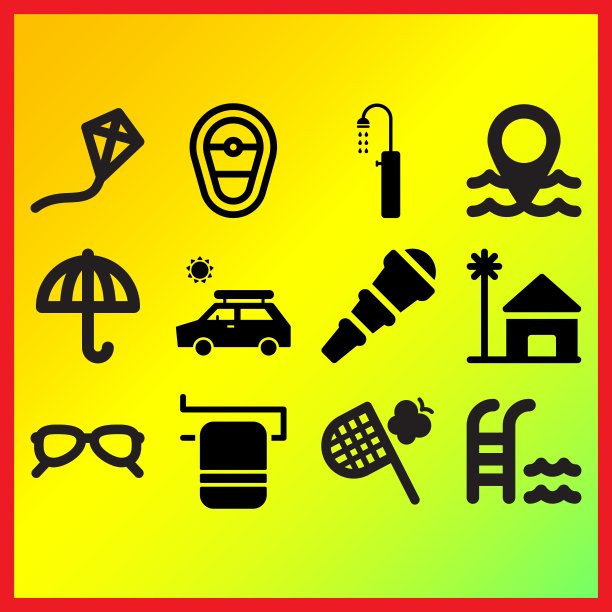 海滩房子，风筝和游泳池和楼梯相关的图标设置图片下载