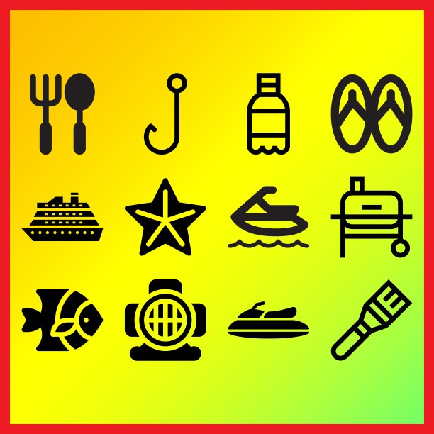 刷子，苏打水和沙滩拖鞋相关的图标设置图片下载