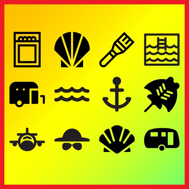 游泳池广场与梯子，复古大篷车和前飞机与小机翼相关的图标设置图片下载