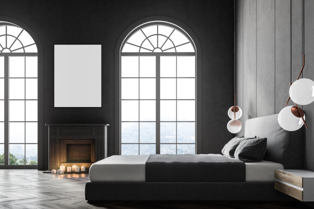 豪华灰色卧室内部，海报，侧视图图片下载
