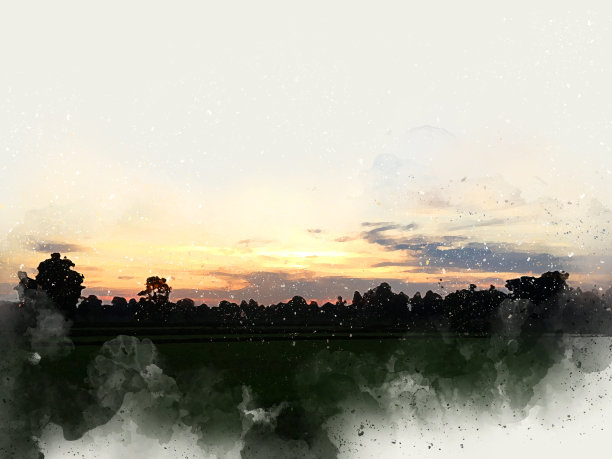 美丽的阳光和田野景观傍晚在水彩画的背景。图片下载