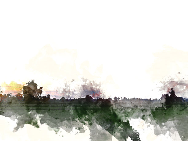 美丽的阳光和田野景观傍晚在水彩画的背景。图片下载