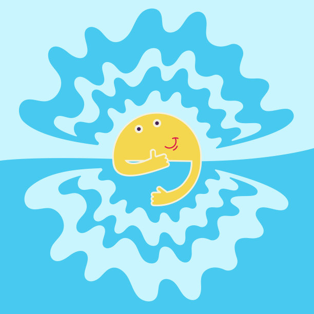 早上好，旭日微笑着升起，大拇指翘在河后面，大拇指翘起来。天空，河流，微笑的太阳在早晨最小抽象平面风格矢量插图图片下载