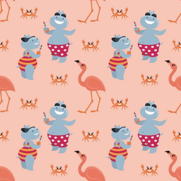 无缝模式与有趣的河马和火烈鸟图片下载
