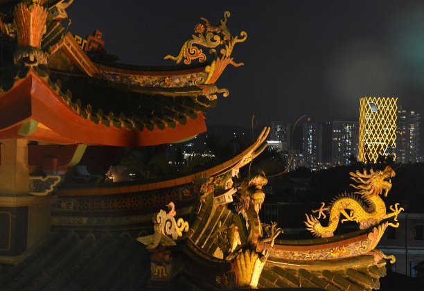 中国福建省鼓浪屿阳光岩寺，龙在夜间图片下载