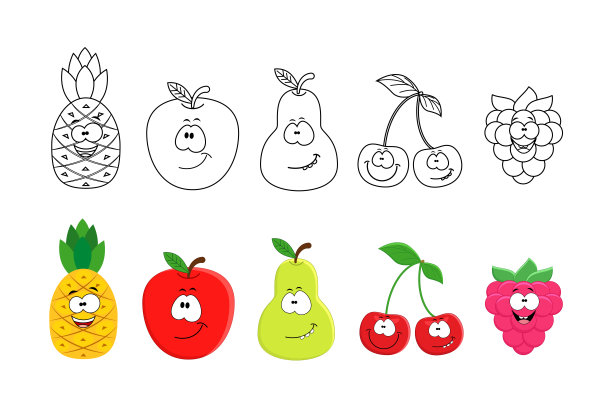 卡通水果。给孩子们的书页涂色。菠萝、应用图片下载