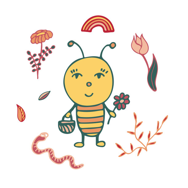 手绘园丁蜜蜂与篮子和鲜花图片下载